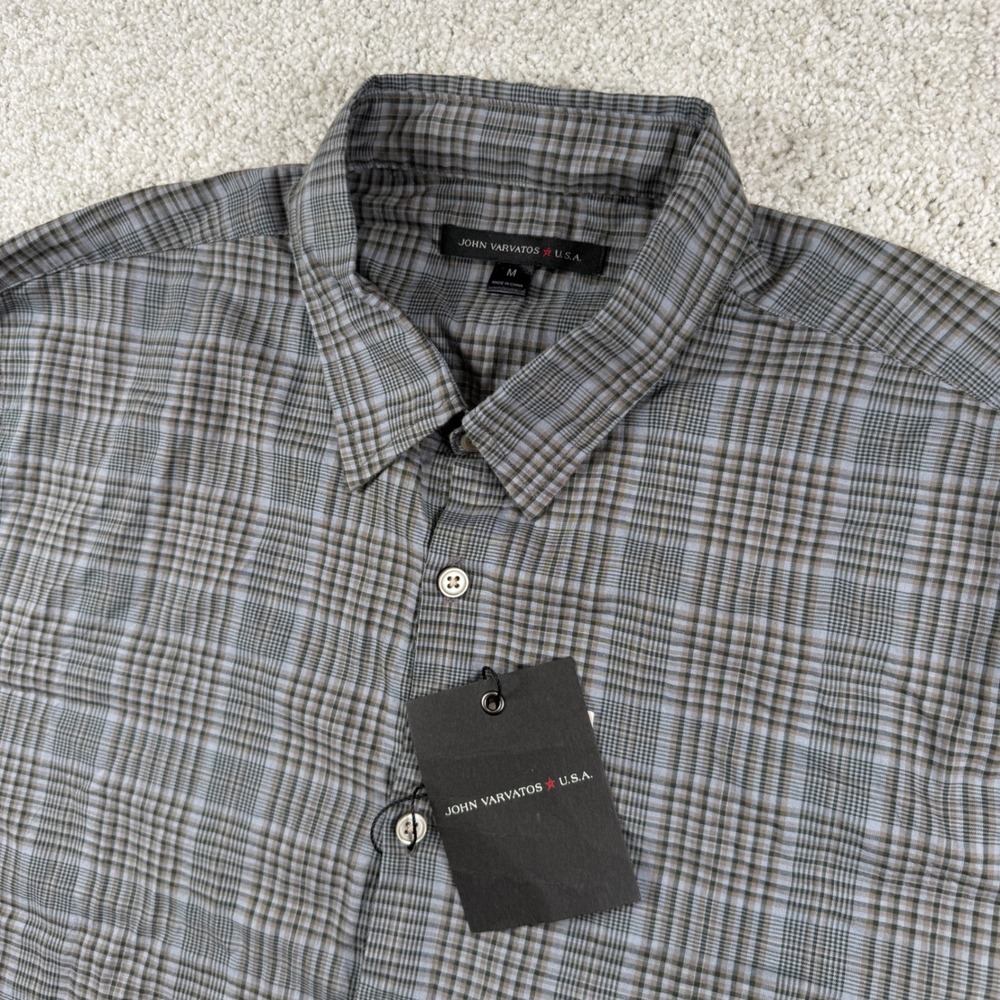 NEW John Varvatos Button Down Mens Size M Moss Green Plaid Short Sleeve